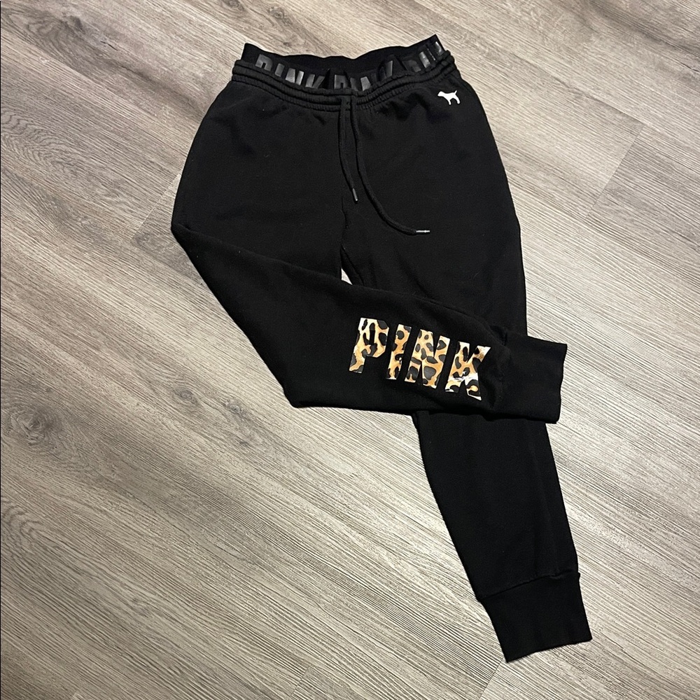 PINK Black Jogger Sweatpants  with Leopard Print Logo small
